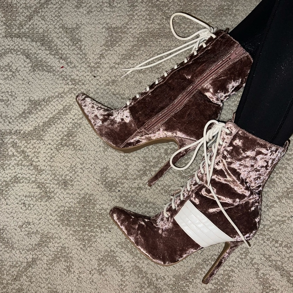 Lavender velvet lace up with a zipper boots with heels